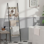 Blanket Ladder, 5-Tier Towel Holder with 4 Removable Hooks, Farmhouse Wall Leaning Decorative Rack Shelf, Wooden Towel Displa