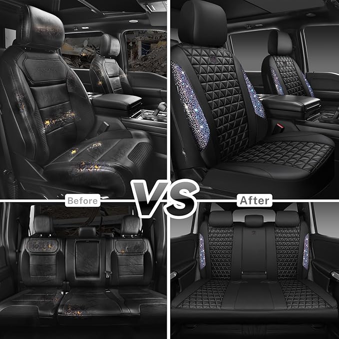 CAR PASS Bling Diamond Black Leather Car Seat Covers Full Set Interior Sets, Waterproof Shining Glitter Sparkly Crystal Armre