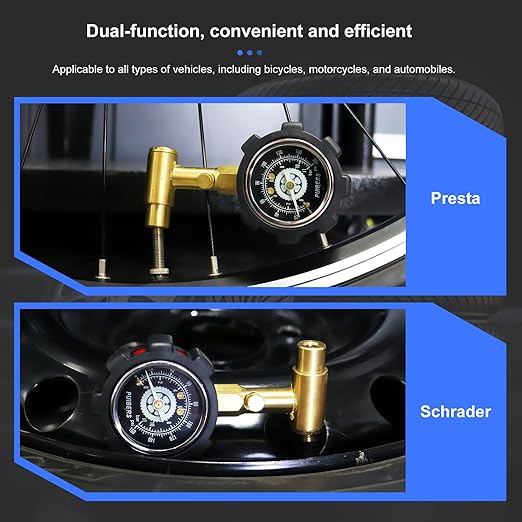 Bike Tire Pressure Gauge Presta and Schrader 160 PSI / 11 Bar, Road Bicycle Tire Air Pressure Gauge Luminous Dial, Suitable for Car, Motorcycle, Bike, SUV and Truck