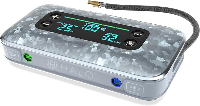 HALO Bolt Air+ 1750 Portable Car Battery Jump Starter | 130 PSI Air Compressor, 59.9Wh USB Power Bank, Large Display,