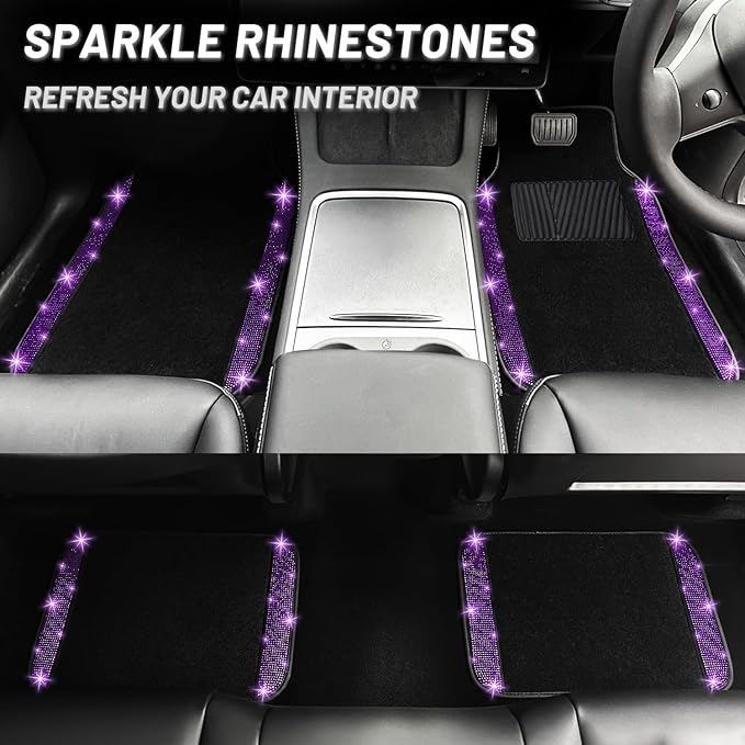 NBTEPEM Bling Car Floor Mats Full Set and Steering Wheel Cover, Universal Fit Most Cars, 4 pcs Sparkle Glitter Diamond Carpet, 5 pcs Bling Car Accessories Set for Women (Purple Violet Diamond)