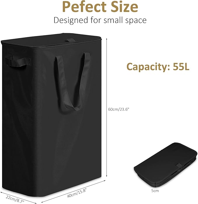 efluky Slim Laundry Basket with Lid, Narrow Laundry Hamper with Handles, Collapsible Dirty Clothes Hamper, Tall Laundry Bin f