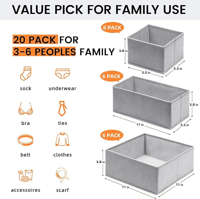 【FAMILY PACK】Drawer Organizer Clothes, 20 Pack Dresser Organizer Bins for Baby Clothes - Underwear Bra Sock Organizer - Fabri