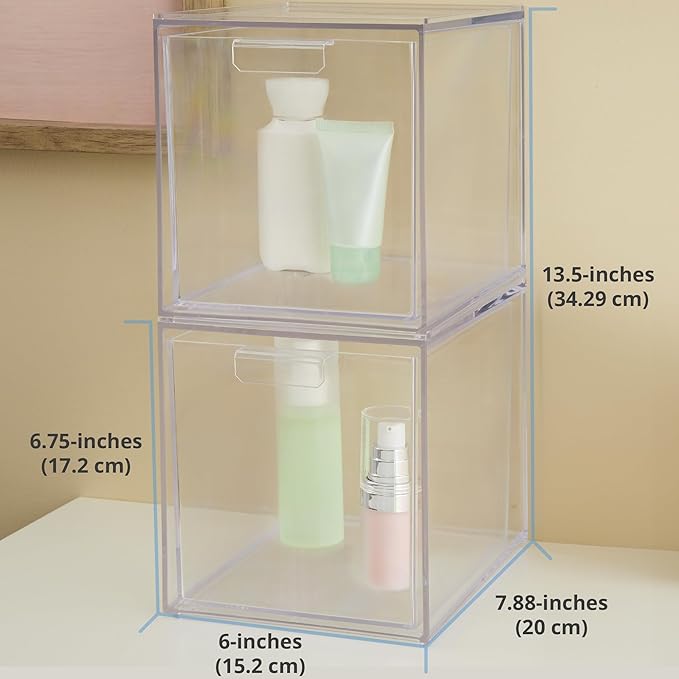 STORi Audrey Stackable Bin Clear Plastic Organizer Drawers | 2 Piece Set | Organize Cosmetics and Beauty Supplies on a Vanity