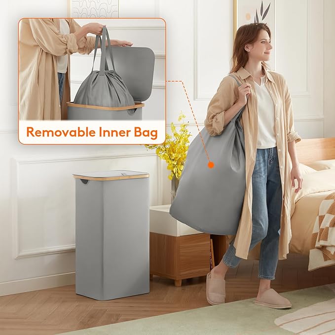 Lifewit 100L Laundry Basket with Lid, Clothes Hampers for Laundry with Bamboo Handles and 1 Removable Bag, Large Foldable Lau