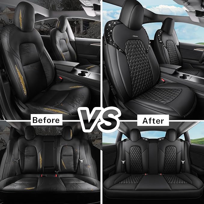 CAR PASS Car Seat Covers for Tesla Model 3 Nappa Leather Bling Diamond Car Seat Protector Full Coverage Airbag Compatible Cus