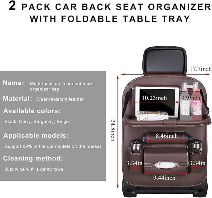 2PCS Car Backseat Organizer, Leather Multi-Pocket Seat Back Protector with Foldable Table Tray, Multifunctional Vehicle Storage Organizer Kick Mat for Kids Toddler Travel (Coffee)