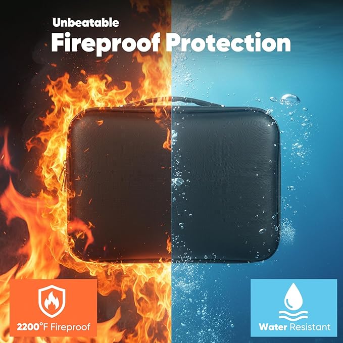 Fireproof Document Box, Hard Case Design Waterproof & Fireproof File Organizer with Lock and 13 Pocket Accordion File Folder,