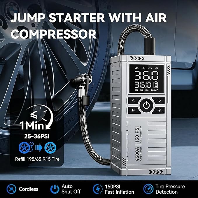 Car Battery Jump Starter with Air Compressor - 4500A Battery Jumper Starter Portable (9.0 Gas/8.0L Diesel) with 150PSI Tire