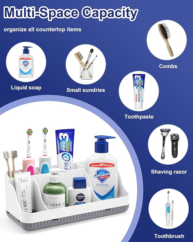 Bathroom Counter Organizer and Storage, 7 Slots Detachable Toothbrush Holders for Bathrooms, Anti-Slip Electric Toothbrush an