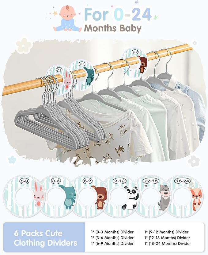 VIS'V Baby Hangers, 11 Inch Velvet Kids Hangers with 6 Pcs Clothes Size Dividers, Infant Toddler Nursery Closet Organization,