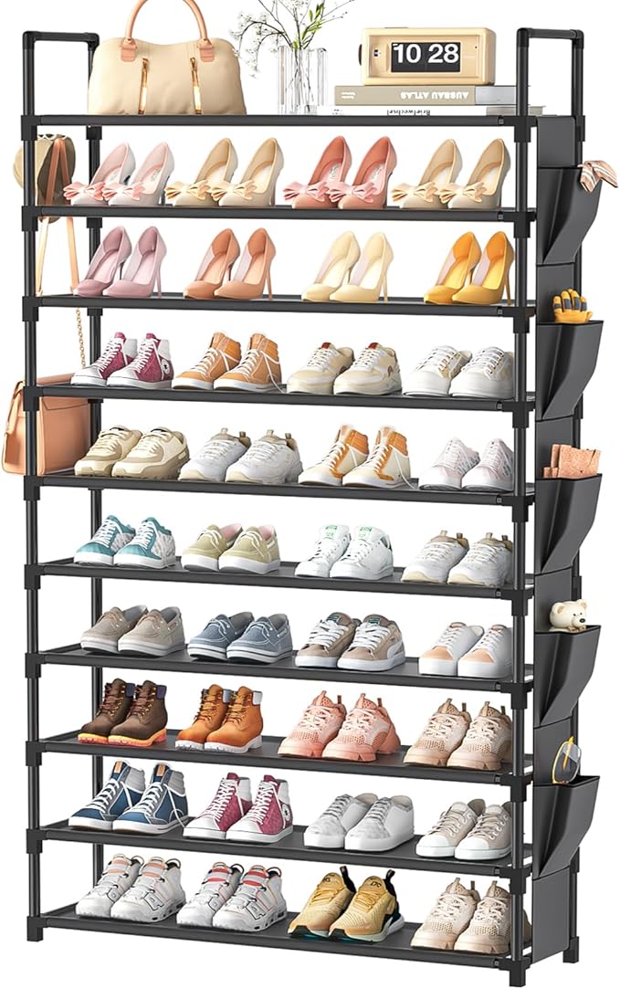 LUKYTOWER Tall Shoe Rack 10 Tier Shoe Racks Organizer for Closet 40-45Pairs,Large Capacity Storage Rack for Shoes with 5Hooks