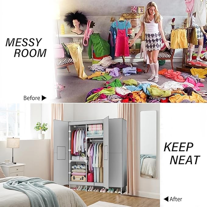 Portable Closet Clothes Organizer 34in Simple Non-Woven Fabric Wardrobe Closet Multi-Functional Clothes Storage Cabinet with 