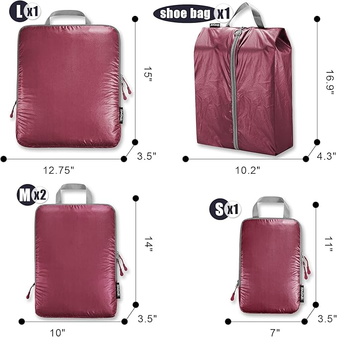 BAGAIL 5 Set Ultralight Compression Packing Cubes Travel Accessories Expandable Packing Organizers(Burgundy)