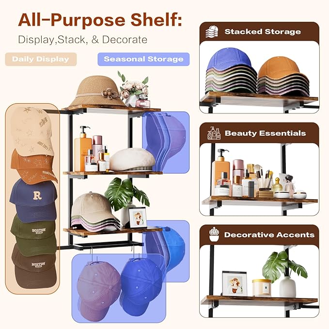 Keebofly Hat Rack for Wall with Shelf, Hat Holder Organizer for 100+ Caps Bennies,Hat Storage with Perfumes & Cosmetics Displ