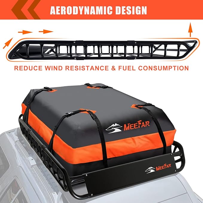 MeeFar Roof Rack Carrier Carrier Basket 51"*36"*5"+Waterproof Bag 15 Cubic Feet(44"*34"*17"),and Cargo Net with Attachment Hooks,Ratchet Straps.200 Lbs Capacity,Universal Rooftop Large Size Roof Rack