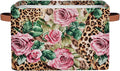 Leopard Print Floral Flower Storage Basket Collapsible Cloth Storage Cube Basket Bins Organizer with Handles Rectangular Larg