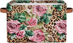 Leopard Print Floral Flower Storage Basket Collapsible Cloth Storage Cube Basket Bins Organizer with Handles Rectangular Larg