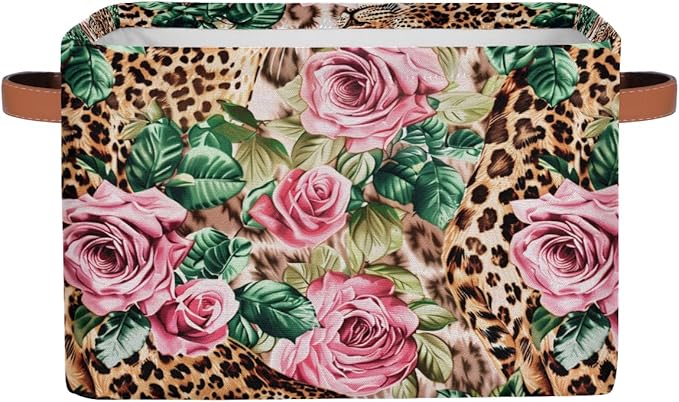 Leopard Print Floral Flower Storage Basket Collapsible Cloth Storage Cube Basket Bins Organizer with Handles Rectangular Larg