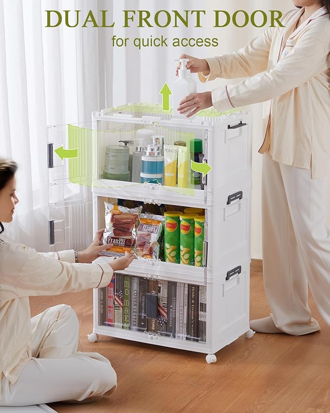 OlarHike 144QT Lockable Storage Bins with Lids - Folding Storage Cabinet with Doors and Wheels, Collapsible Plastic Box for C