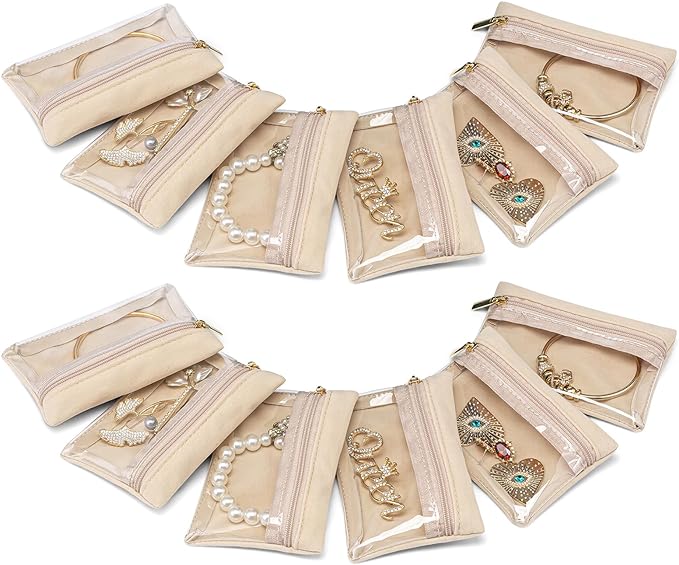 VLANDO Jewelry Travel Case,Travel Jewelry Organizer with Clear Velvet Jewelry Bags Zipper Pouch for Women Girl Gift 12Pcs Bag