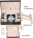 LANDICI Jewelry Box Organizer for Men Women, 2 Layer 4 Slot Watch Storage Case with Removable Tray, PU Leather Large Jeweller