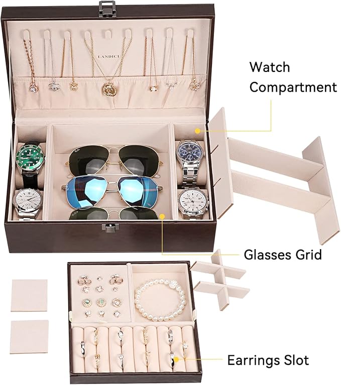 LANDICI Jewelry Box Organizer for Men Women, 2 Layer 4 Slot Watch Storage Case with Removable Tray, PU Leather Large Jeweller