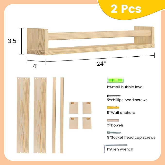 Fun Memories Nursery Book Shelves, 24Inch Floating Shelf for Wall, Wall Bookshelf for Kids Solid Wood Wall Mounted Shelves fo
