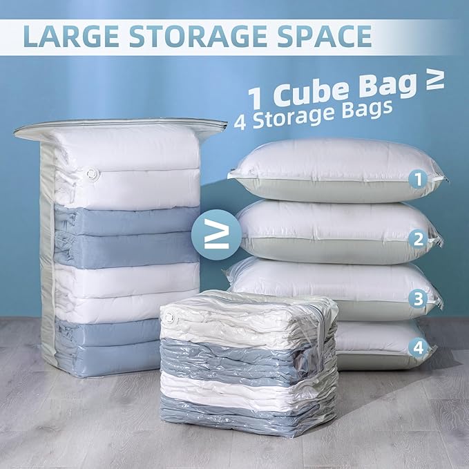 6 Pack Vacuum Storage Bags, Cube Combo (3 Jumbo+3 Medium), Vacuum Seal Bags for Clothing, Bedding, Blanket, Space Saving Clos