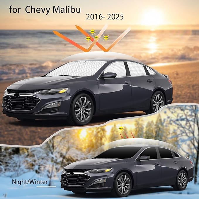 KMF 8pcs Thicken Sun Shades for Chevy Malibu 2016-2025 Accessories,Chevrolet Full Car Window Covers Sunshade for Windshield Side Rear, UV Block and Blackout Privacy for Car Camping Outdoor