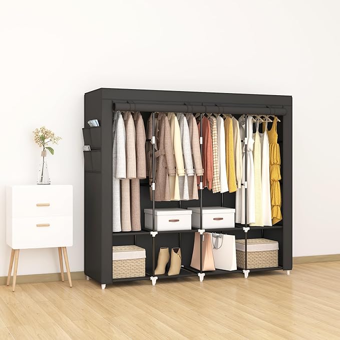 MOGELAFOO 67 Inch Portable Closet Wardrobe for Hanging Clothes, Wardrobe Closet with Cover, 4 Hanging Rods and Side Pockets, 