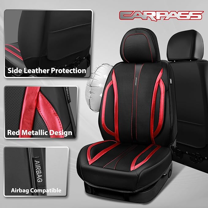 CAR PASS Nappa Leather Car Seat Covers, Durable Waterproof Luxury Universal Seat Covers for SUV Pick-up Truck Sedan, Anti-Sli