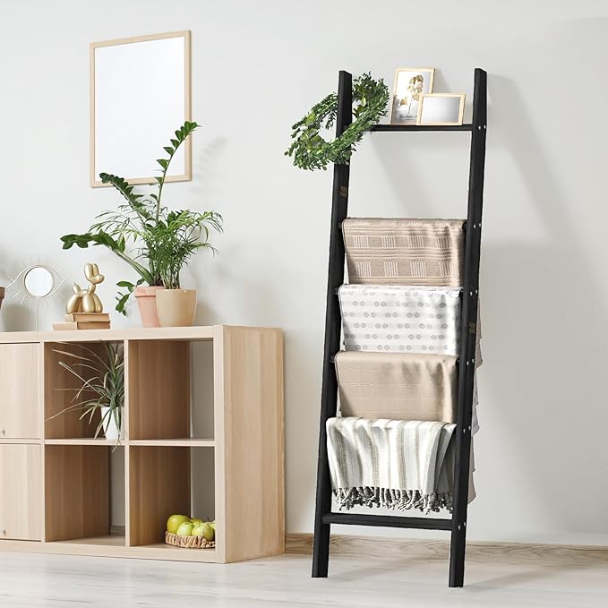 HONEST OUTFITTERS Blanket Ladders for The Living Room, 6-Tier Blanket Holder, Wall-Leaning Blanket Rack, Ladder Shelves, Wood