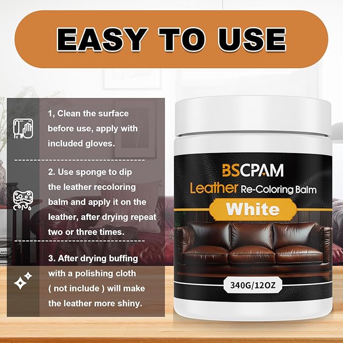 White Leather Recoloring Balm, 12oz Leather Color Restorer for Couches, Leather Repair Kit for Furniture, Leather Dye for Lea