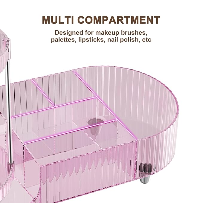 360 Rotating Vanity Makeup Organizer, 2 Small Trays & 5 Compartments for Cosmetics, Skincare, Perfume, Lipstick & Make up Bru