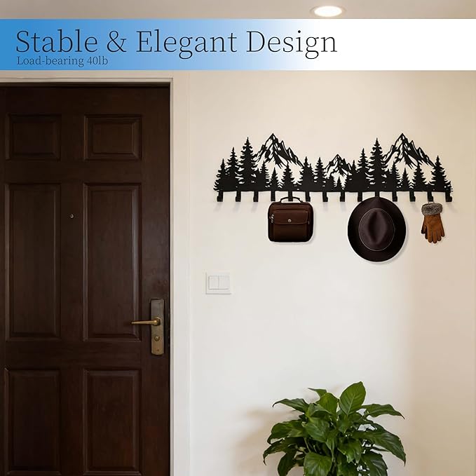 Large Black Mountain Wall Decor Coat Rack with 14 Hooks, Decorative Forest Wall Hanger for Cabin Entryway Front Door Bathroom