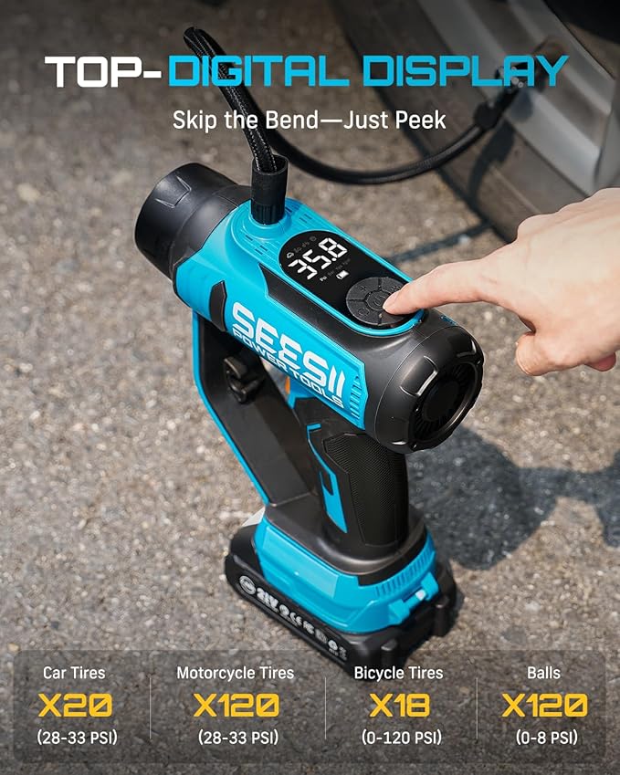 SEESII 3-in-1 Tire Inflator: Portable Air Compressor & Car Vacuum Cordless & Led Work Light with 2×2000mAh Batteries, 21V Tire Air Pump 150PSI w/Digital Gauge+Auto-Shutoff for Ball/Bike/Car/Home