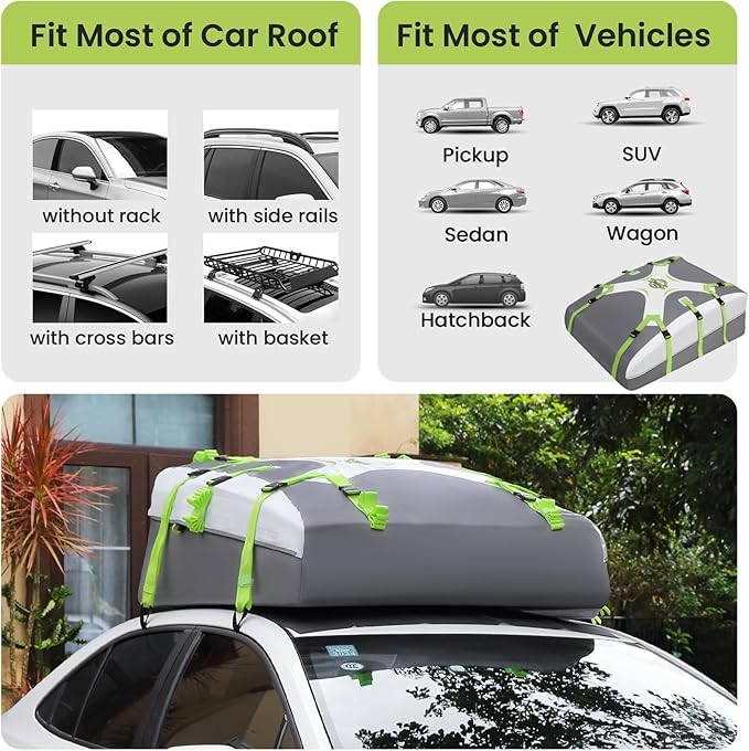 Sailnovo Car Roof Bag Rooftop Cargo Carrier 21 Cubic,Waterproof Cargo Roof Bag for Most Vehicles with/Without Roof Rack with Strap, Anti-Slip Mat,6 Door Hooks(Classic Gray-Green)