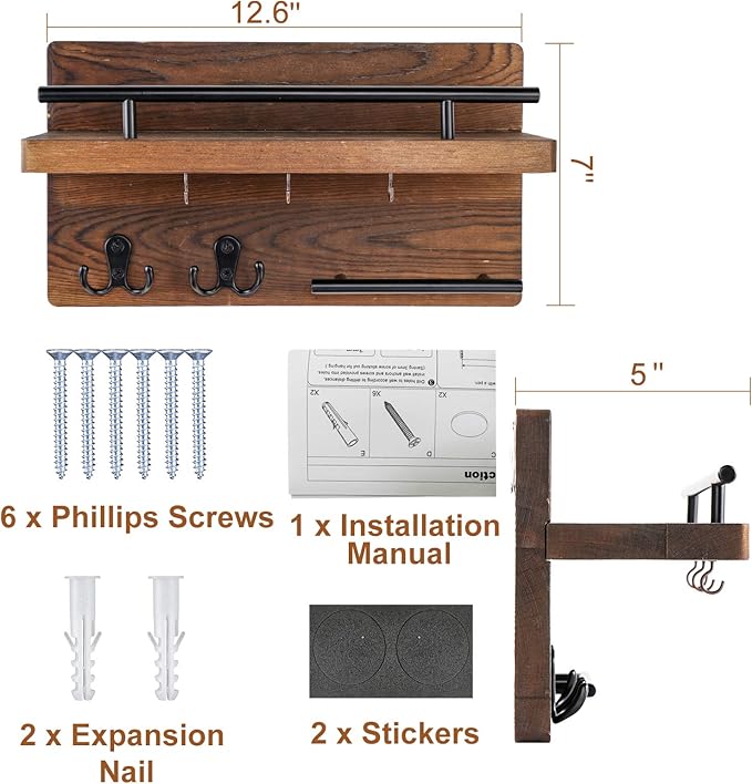OurWarm Wall Mounted Key Holder/Hangers for Wall Decorative with 5 Key Hooks, Wooden Mail Rack Organizer with Shelf, Rustic H