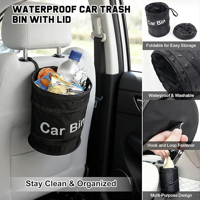 Car Organizer and Storage 5-in-1 Set with Front Seat Organizer, Backseat Organizer, Car Trash Can & 2 Headrest Hooks, Universal Car Storage Accessories for SUV Truck & Sedan Vehicle
