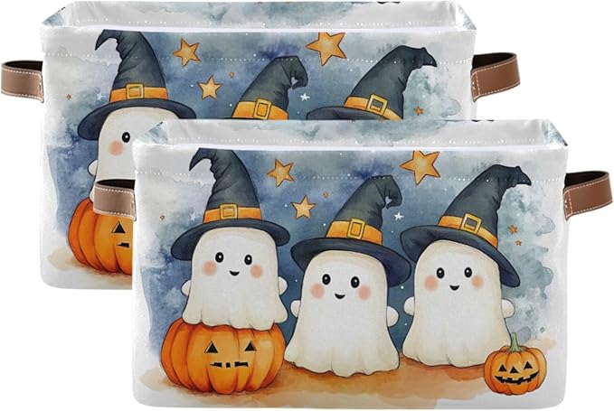 xigua Cute Cartoon Ghosts Storage Basket Foldable Storage Bin, Canvas Rectangular Storage Basket with Leather Handles for Hom