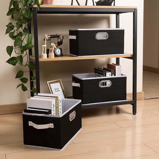 PRANDOM Large Collapsible Storage Bins for Closet [3-pack] Decorative Fabric Storage Baskets Cubes with Leather/Metal Handles