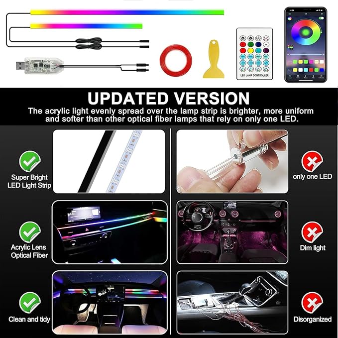 Ambient Lighting Car Led Lights Interior,57in USB Dreamcolor 2 in 1 Acrylic Neon Flexible Strip Fiber Optic LED Ambient Lighting Kits with Remote APP, RGB Music Lights Sync for Inside car Decorations