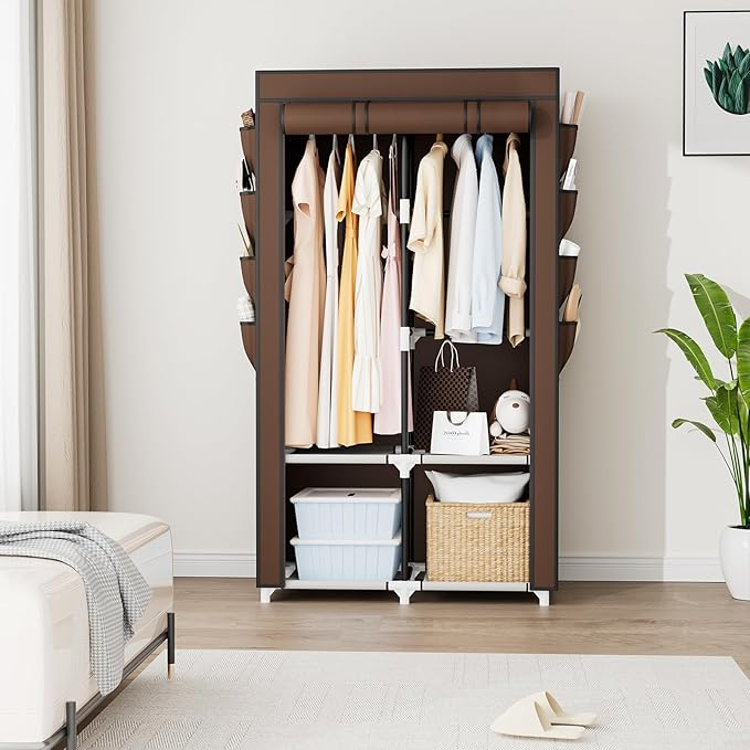 Portable Closet for Hanging Clothes, Portable Wardrobe Closet with Cover, 4 Storage Shelves, 2 Hanging Rods and 8 Side Pocket