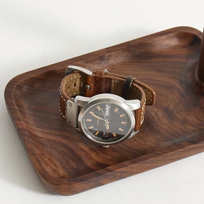 Black Walnut Solid Wood Key Dish Bowl for Entryway Table Square Tray With 3 Hooks, Open Storage for Keys, Wallet, Jewelry (Wa