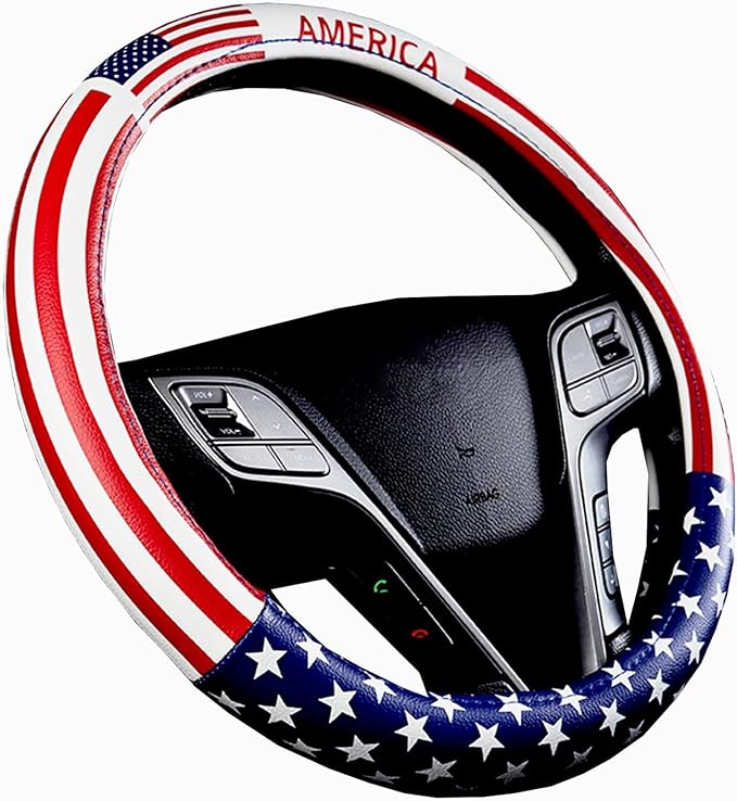 Dotesy Leather Auto Steering Wheel Cover, Fashion Flag Style Car Steering Wheel Cover Protector Universal for 36.5-38cm (Amer