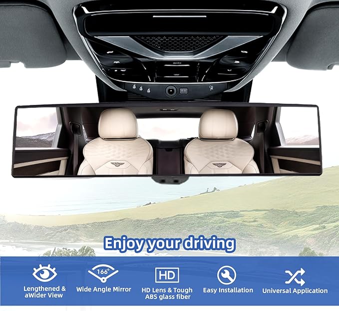 Broadway Car Rear View Mirror HD Anti Glare Universal 12 Inch large Field of View Panoramic Rearview Mirror with Wide Angle Blue Tint for Car SUV and Truck12 Inch White
