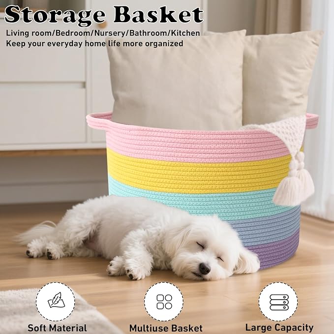 65L Extra Large Woven Cotton Rope Blanket Basket with Handles, Laundry Hamper Storage Bin for Pillows, Comforters,Clothes, To