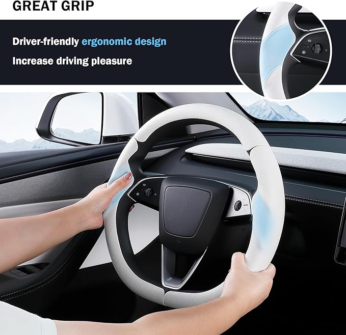 Steering Wheel Cover for Tesla Model 3 Highland(2024-Present)/ Model Y Juniper(2025-Present),Anti-Slip,Comfortable Grip,Breathable,Customized for Tesla Model 3/Y Accessories,Nappa White