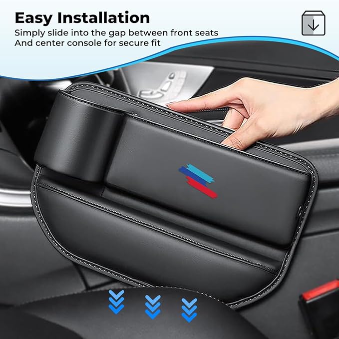 2 PCS Car Seat Gap Filler Organizer, Thickened Anti-Slip Leather Car Seat Crevice Storage Box with Cup Holder for BMW X3 X5 X7 X1 X6 X4 X1 X2 3 4 5 7 1 2 Accessories, with Sporty M 3-color logo